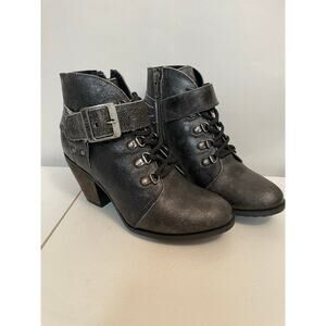 Harley Davidson‎ Ashland Women Boots Tie Sz 7.5 Gray Leather Chunky Heel Buckle